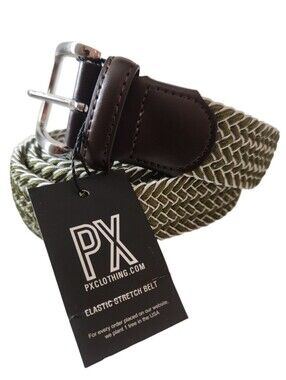 PX Clothing Men's Olive Green Woven Elastic Stretch Men's Belt Large Nwt